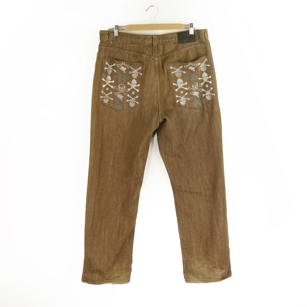Vintage Y2K Brown Baggy Oversized Denim Jeans w Skull Grunge Embroidered Pockets